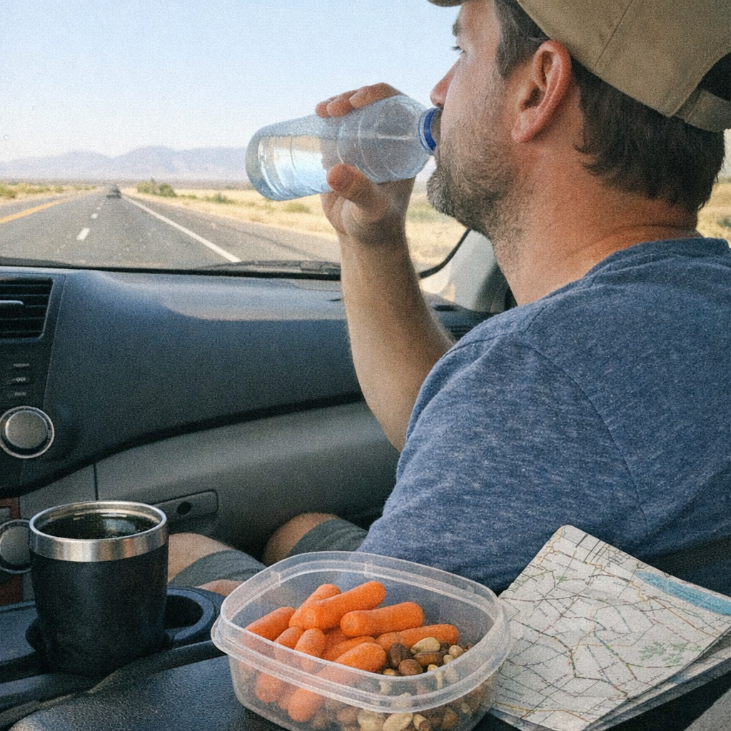 Close-up scene for road trips with a phone and a water bottle