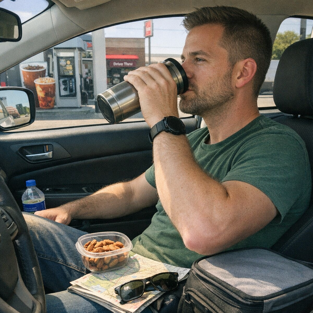 FastMinder fasting timer and a water bottle for road trips