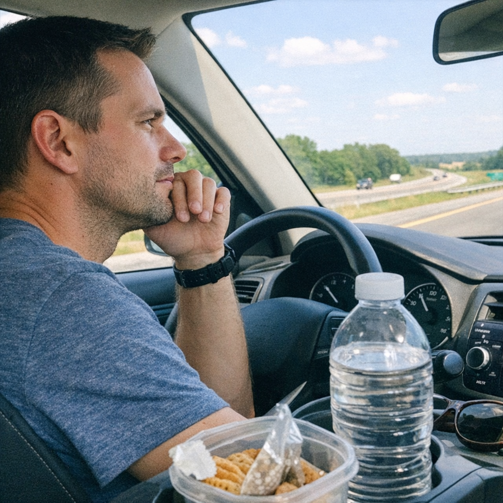 Close-up scene for road trips with a phone and a water bottle
