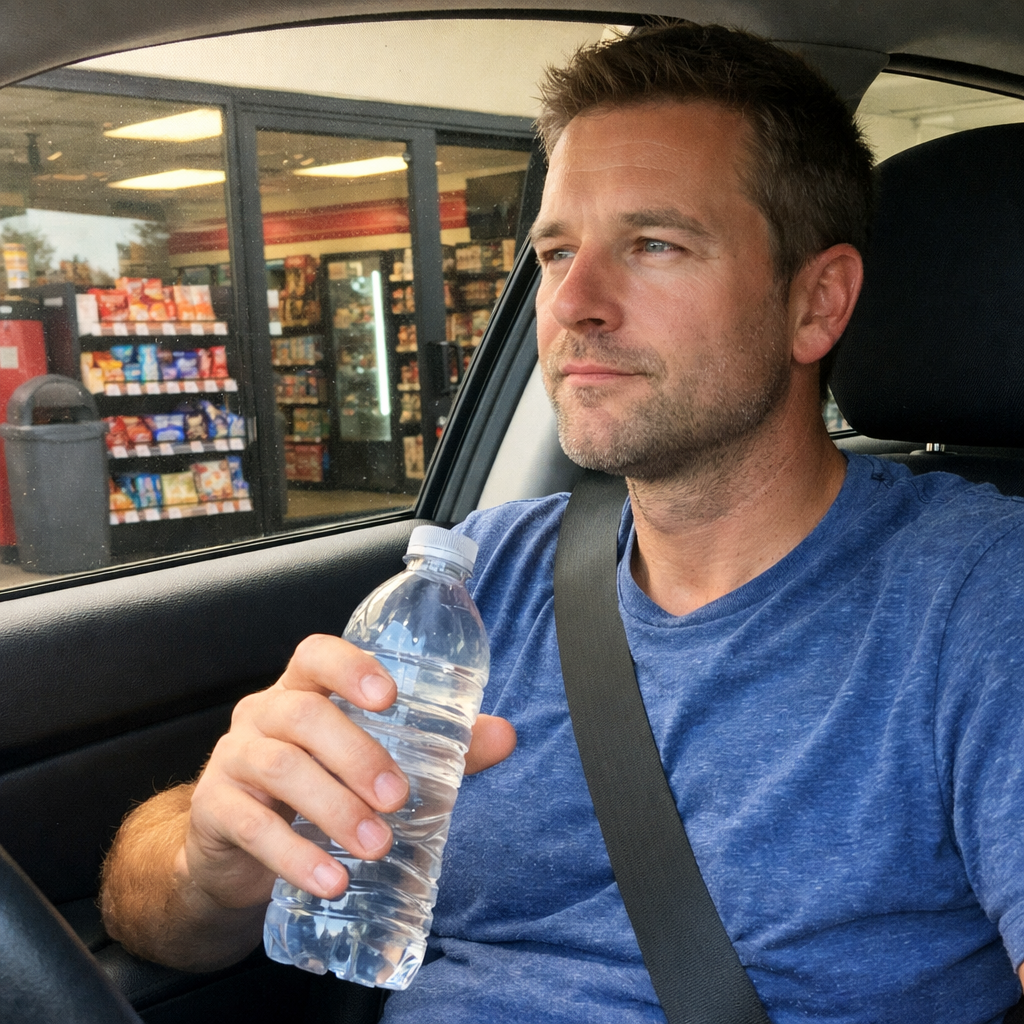 FastMinder fasting timer and a water bottle for road trips
