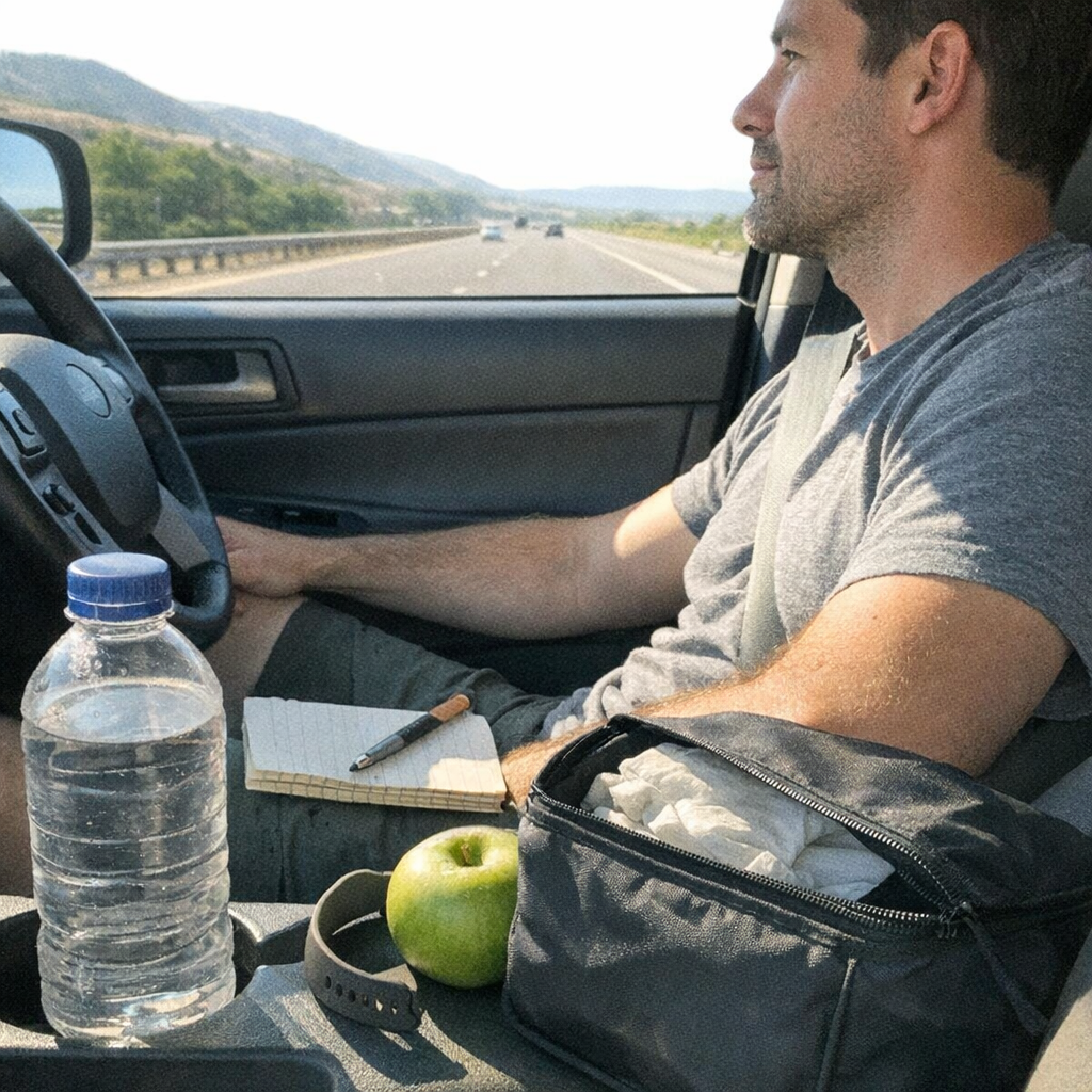 Close-up scene for road trips with a phone and a water bottle