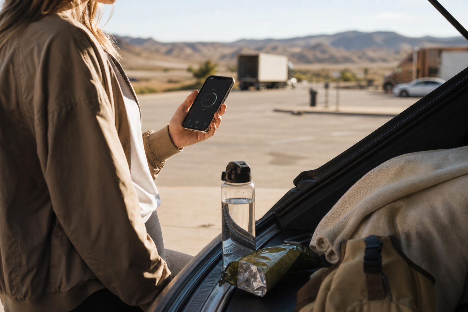 A traveler in a car holding a fasting timer phone with a water bottle and road snacks set aside