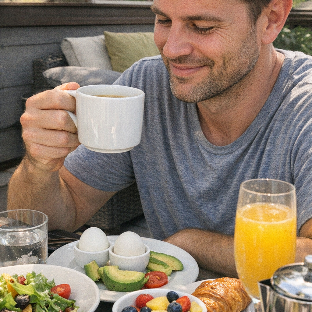 Close-up scene for weekend brunch with a phone and a water bottle