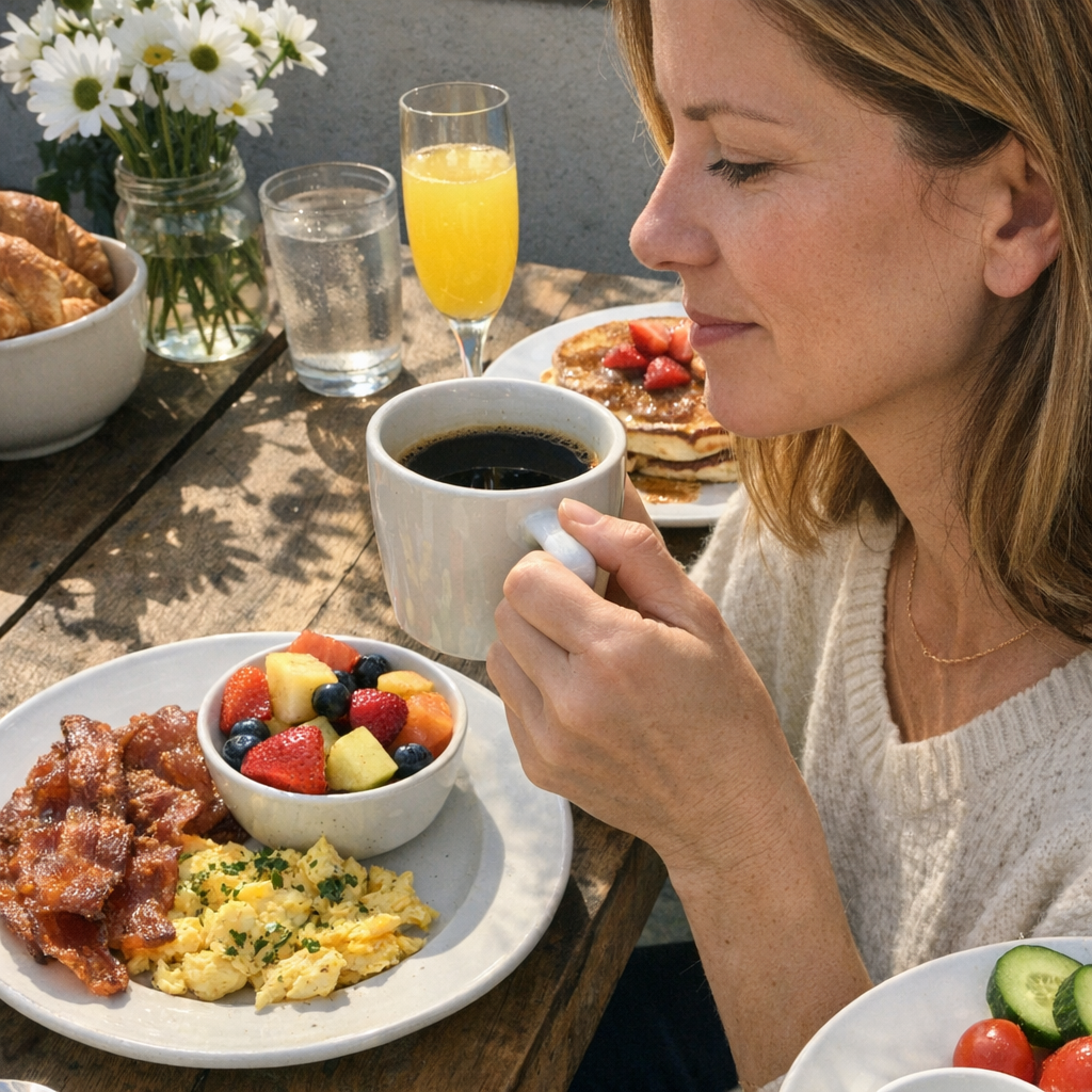 Close-up scene for weekend brunch with a phone and a water bottle
