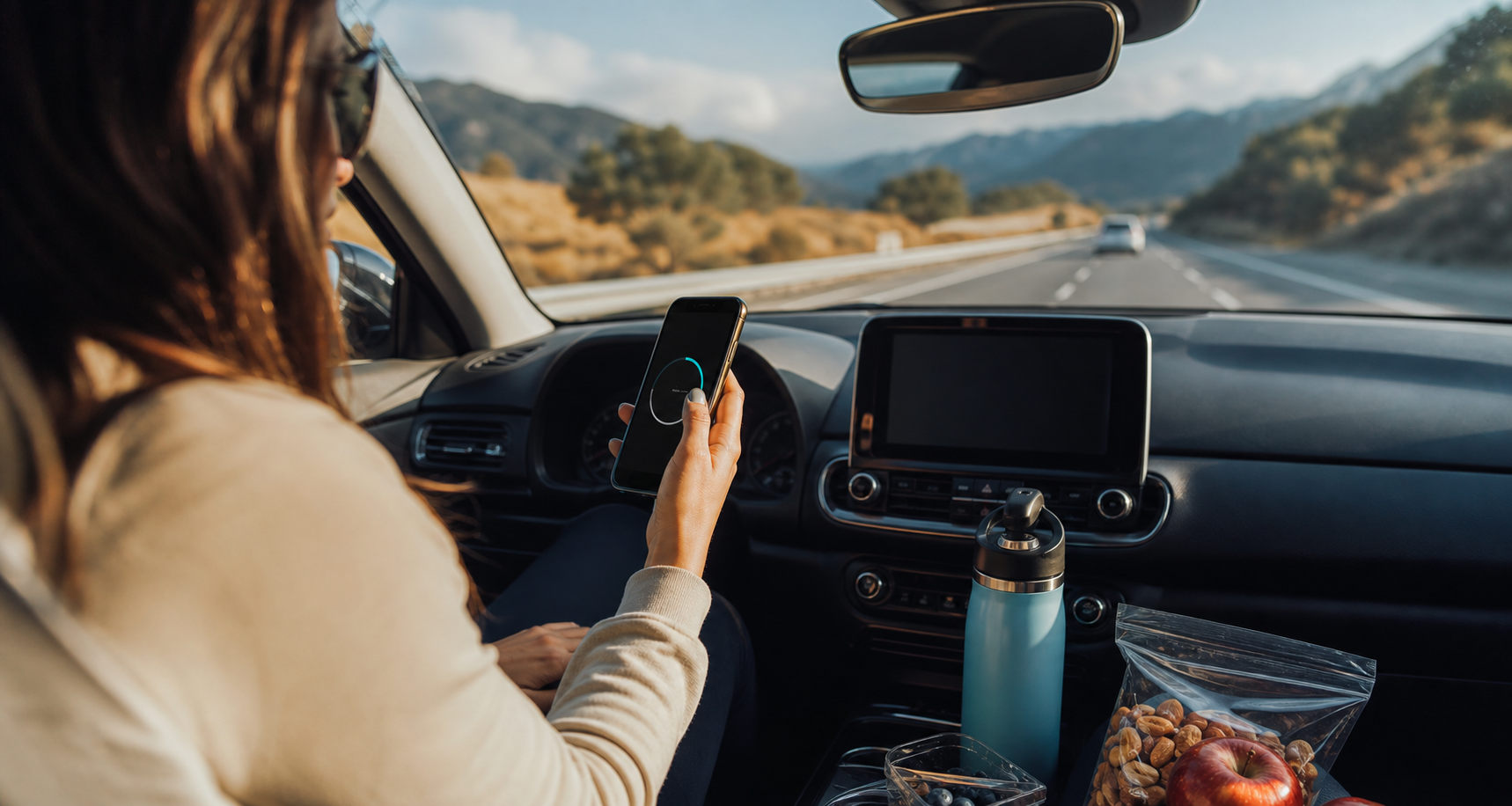 Close-up scene for workout mornings with a phone and a water bottle