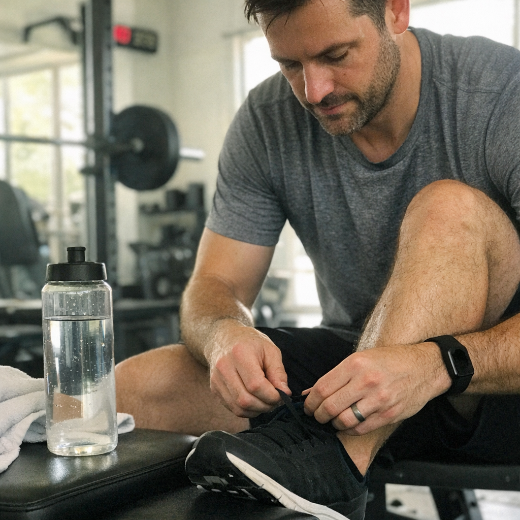Close-up scene for workout mornings with a phone and a water bottle