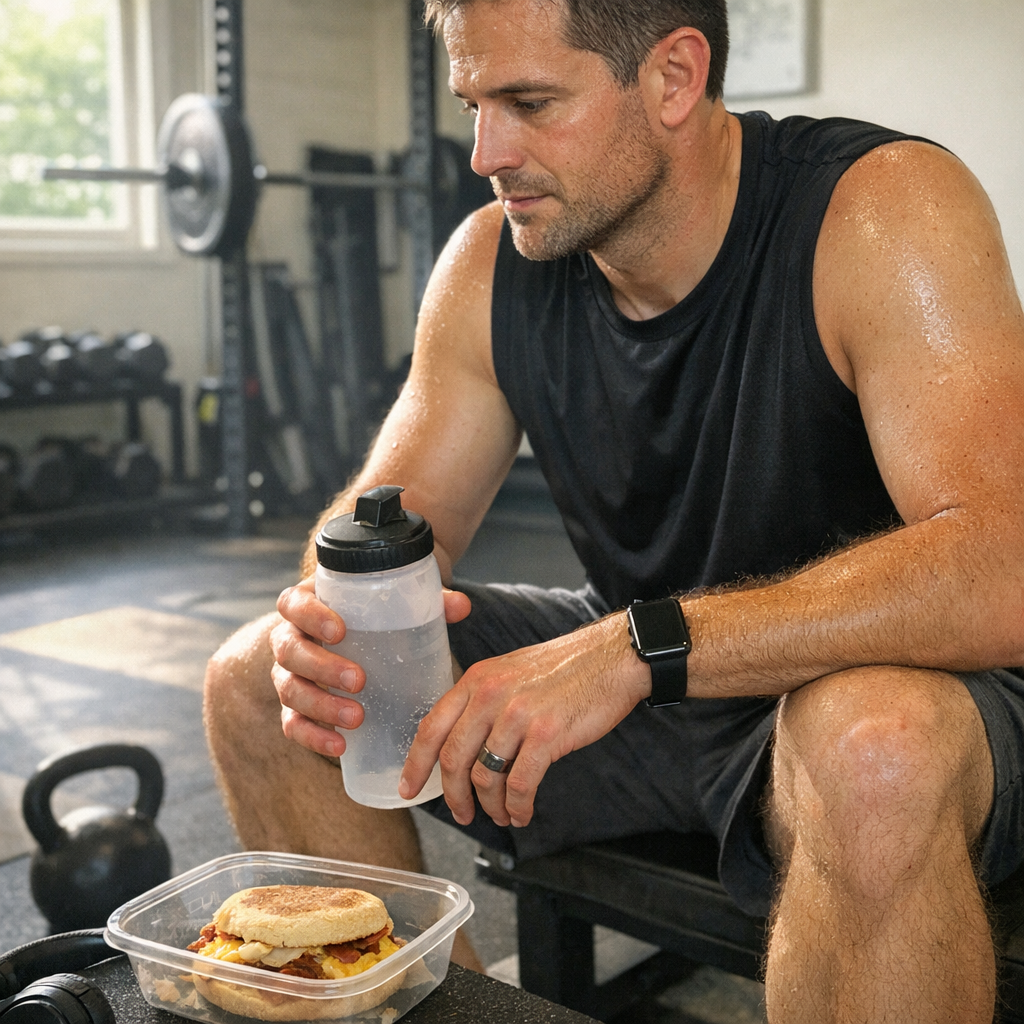 FastMinder fasting timer and a water bottle for workout mornings
