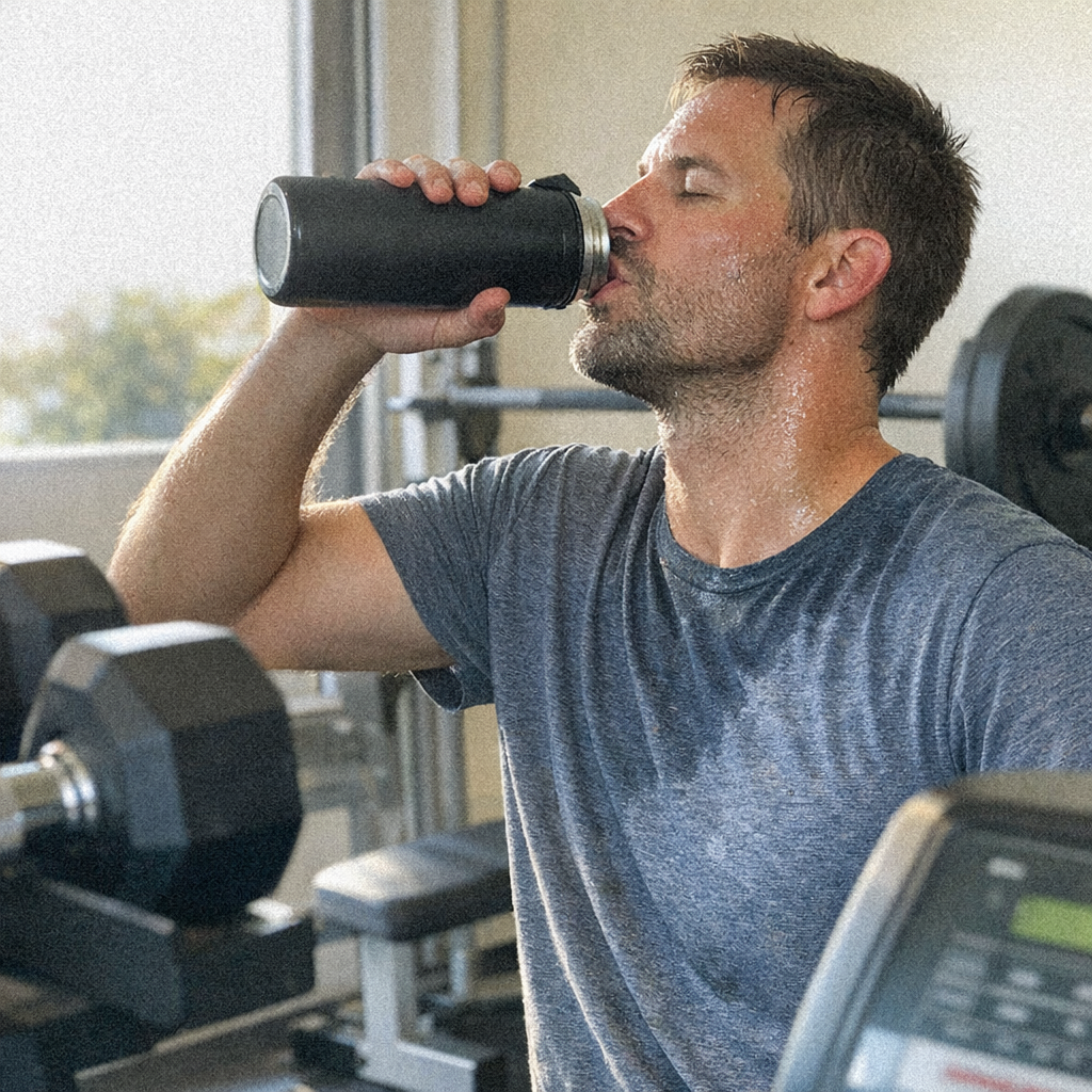 Close-up scene for workout mornings with a phone and a water bottle