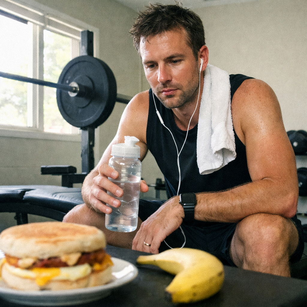 FastMinder fasting timer and a water bottle for workout mornings