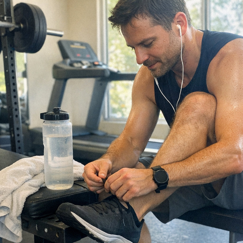 Close-up scene for workout mornings with a phone and a water bottle