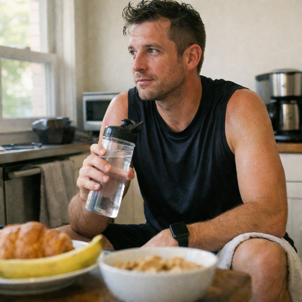 FastMinder fasting timer and a water bottle for workout mornings
