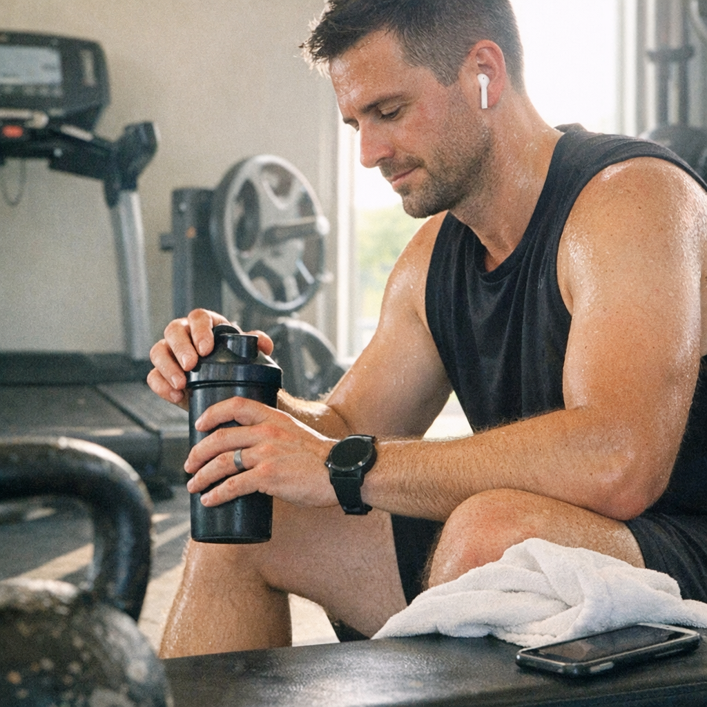 Close-up scene for workout mornings with a phone and a water bottle