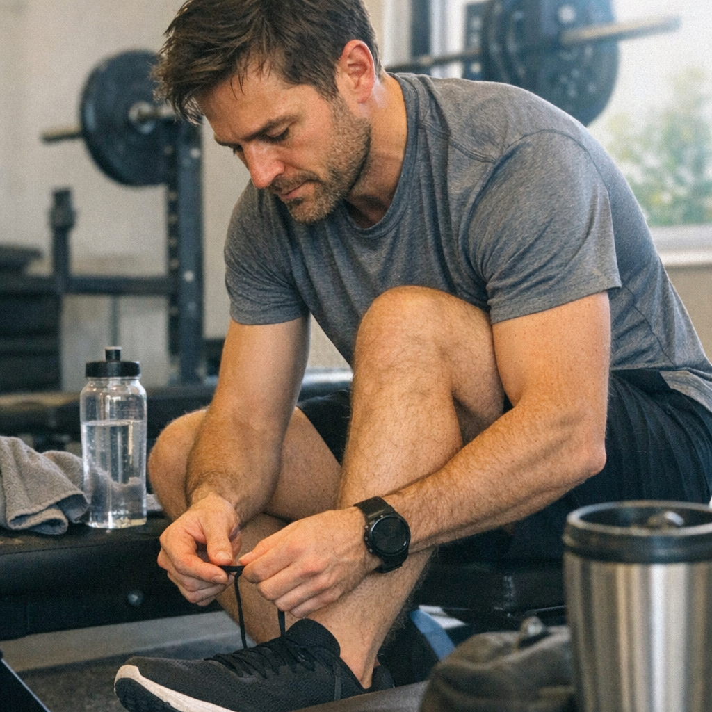 Close-up scene for workout mornings with a phone and a water bottle