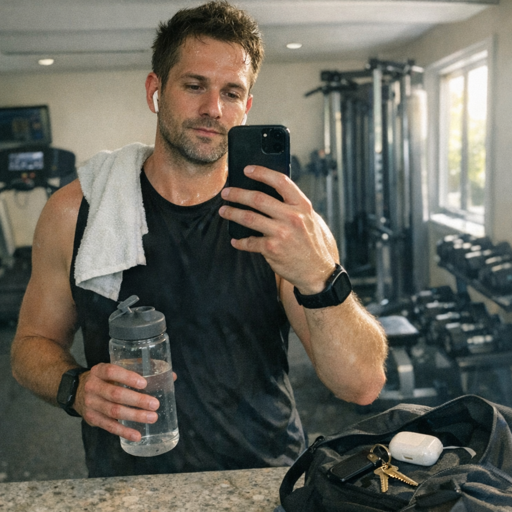 FastMinder fasting timer and a water bottle for workout mornings