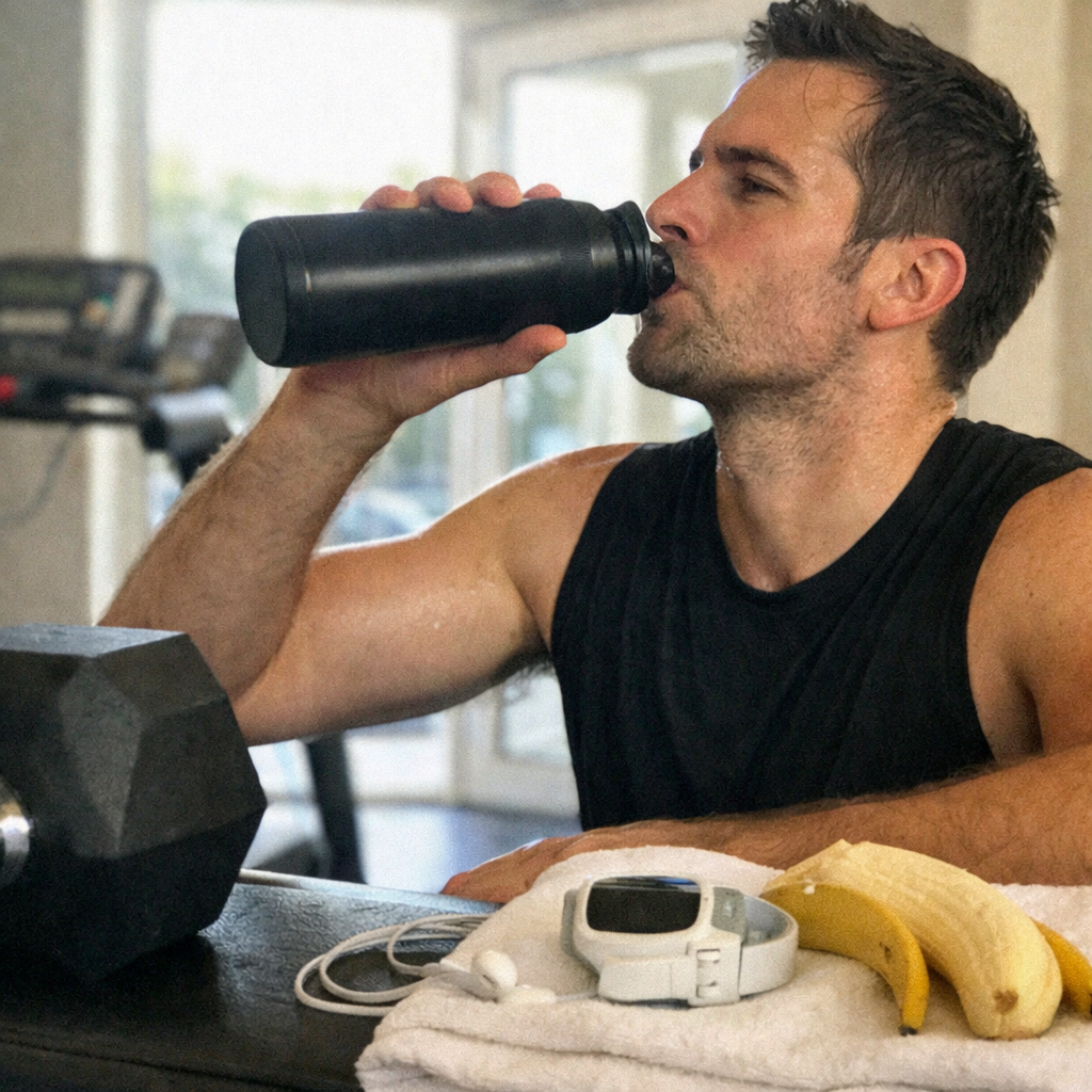Close-up scene for workout mornings with a phone and a water bottle