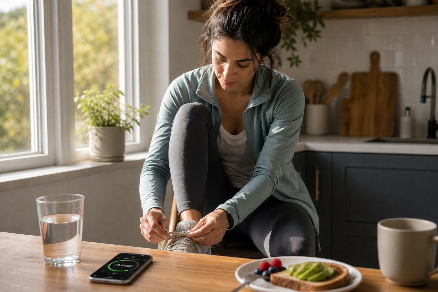 Person tying running shoes beside a fasting timer, glass of water, and an untouched breakfast in a sunny kitchen