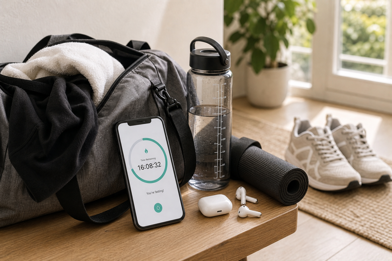 Gym bag and water bottle beside a fasting timer phone and workout shoes in a bright entryway