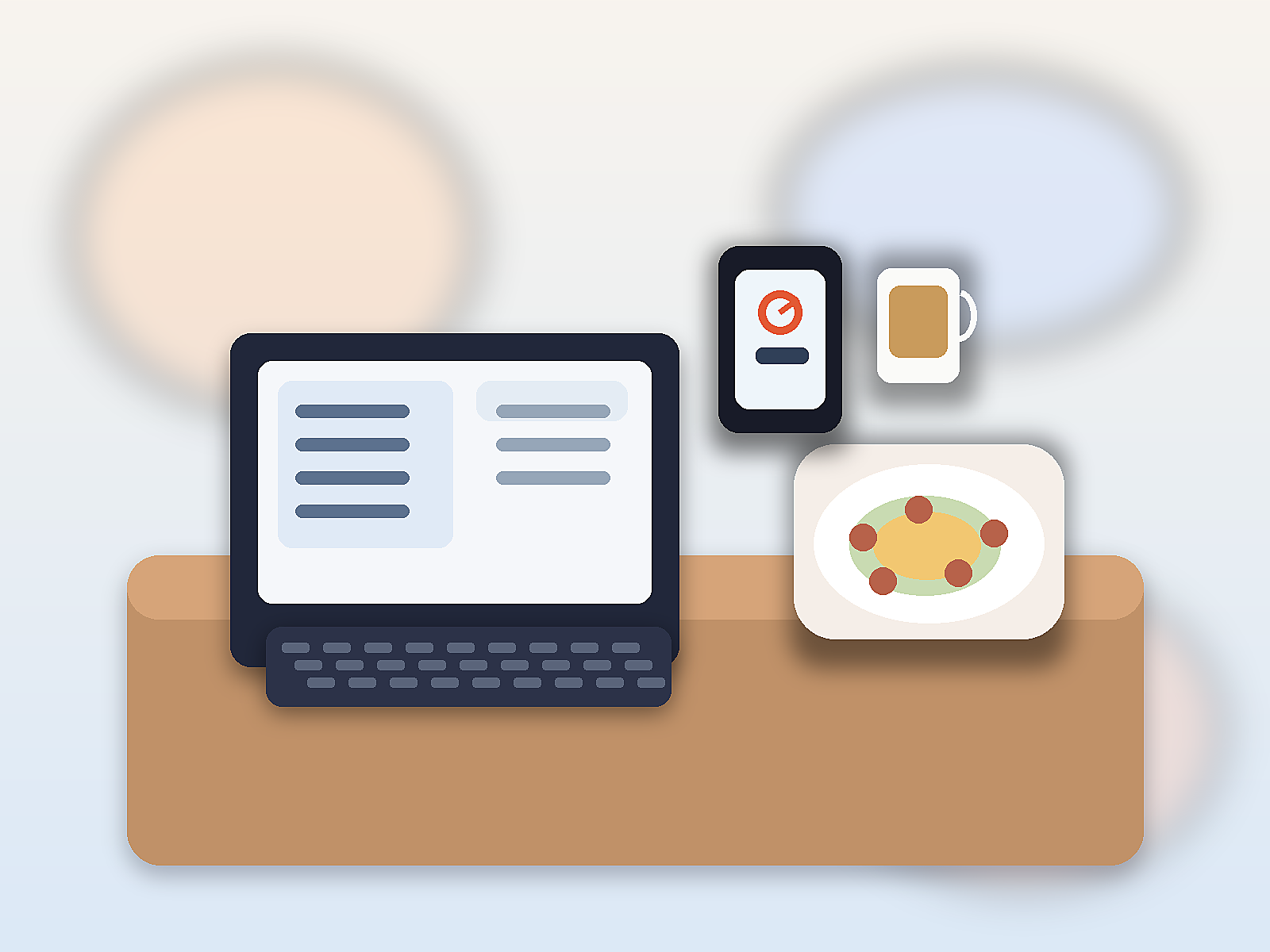 A lunch meeting table with a fasting timer phone, sparkling water, notebook, and a protein bowl in a modern office