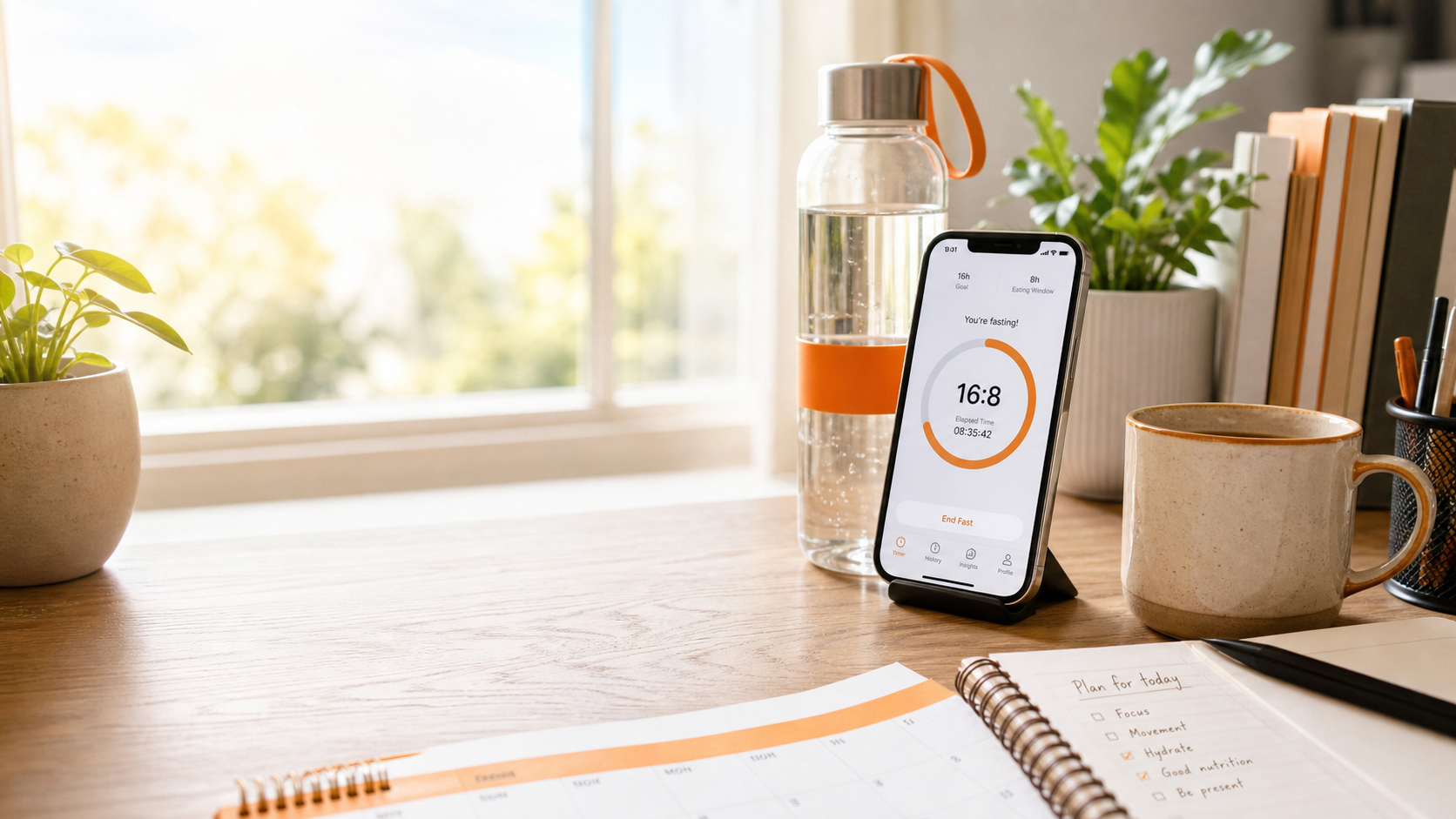FastMinder fasting timer on a bright desk with water bottle, notebook, and coffee mug