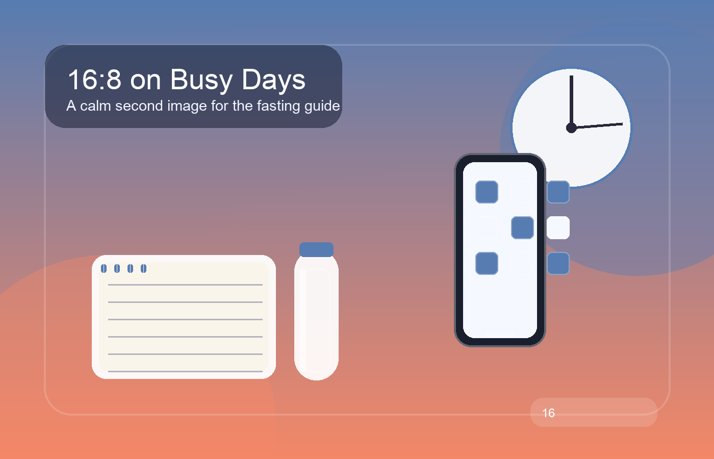 FastMinder fasting timer on a calendar-style desk setup with water bottle and notebook beside it