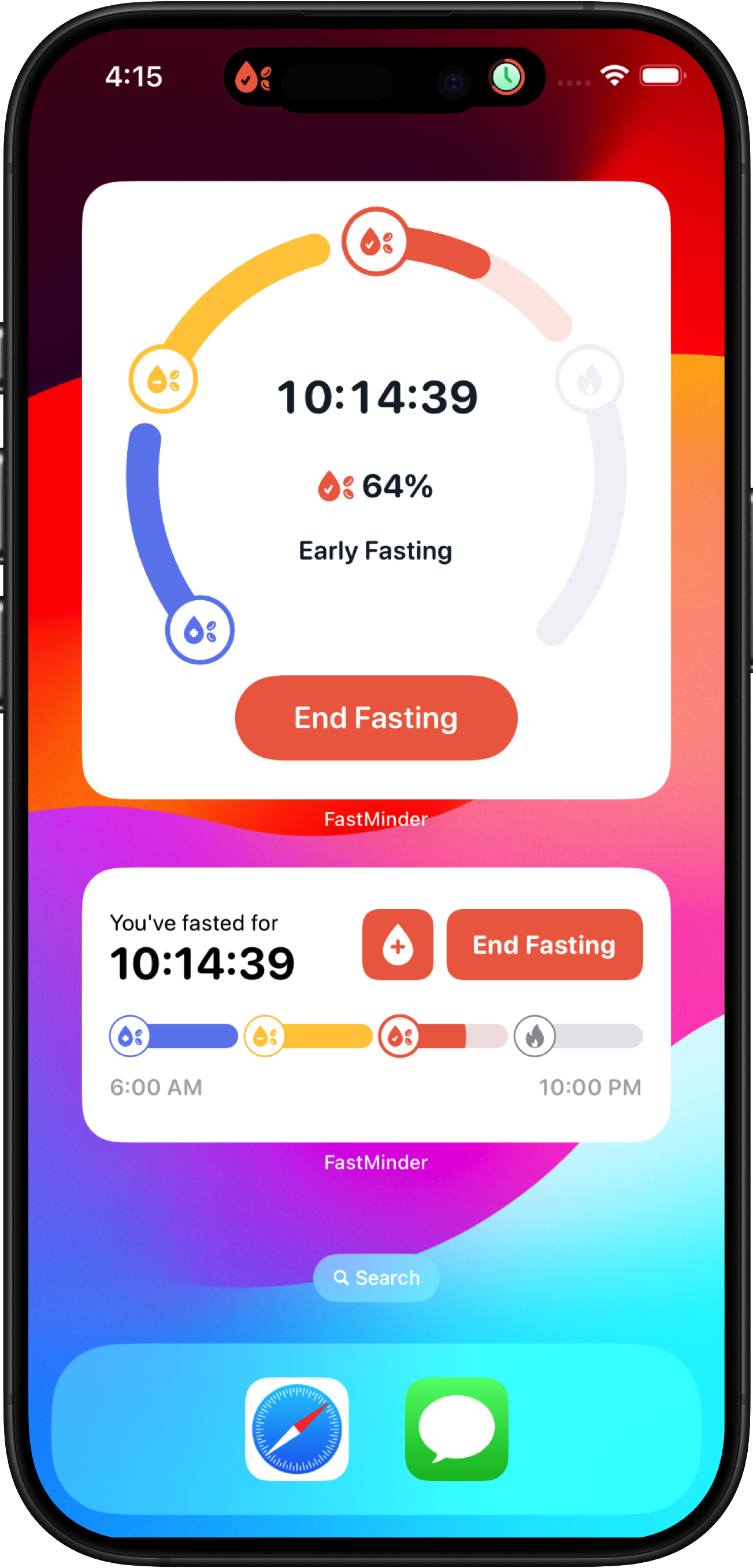 FastMinder home screen widgets showing fasting timer and progress