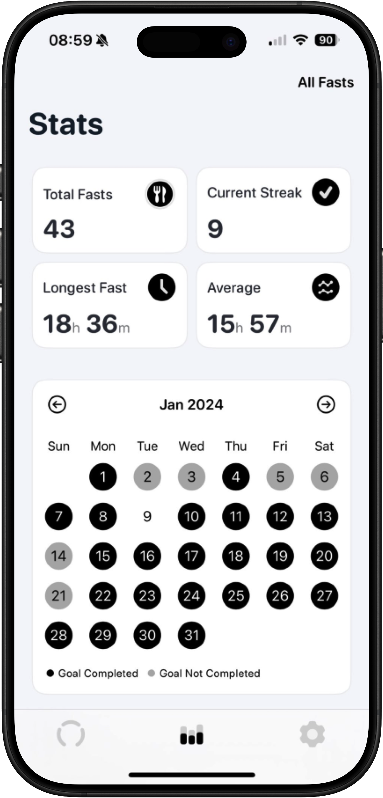 FastMinder fasting history calendar and streak tracking